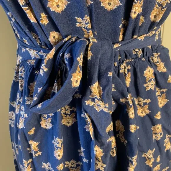 Lucky Brand Floral Midi Dress Button Collar Medium Minimalist Peasant Rayon Tie - Picture 9 of 12